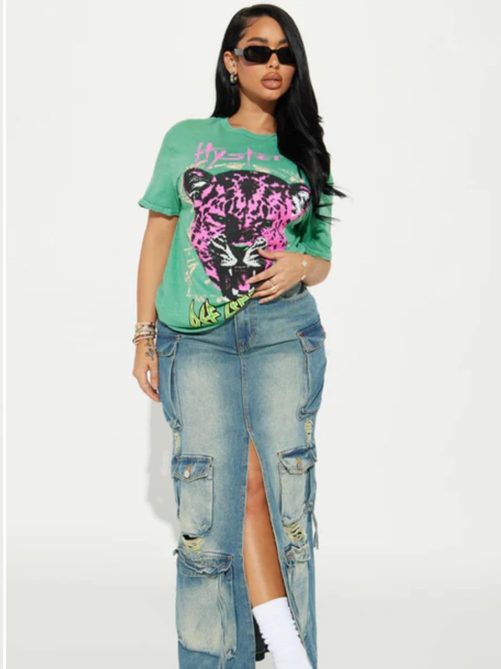 NWT Hysteria Graphic Tee in Green with Pink Leopard